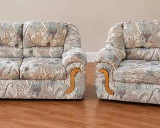 Vintage 1990s Patterned Fabric Sofa and Matching Loveseat