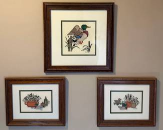 Set of 3 Framed Cross-Stitch Needlepoint Artworks - Mallard Duck & Country Decor - 1990 - Lake Odessa Off-Site