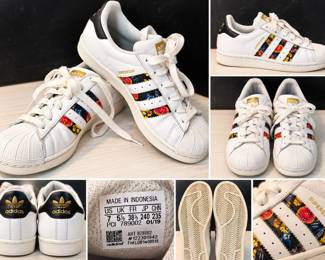 Adidas Superstar Floral Print 3 Stripe White Leather Sneakers Women's Size 7 - Potterville