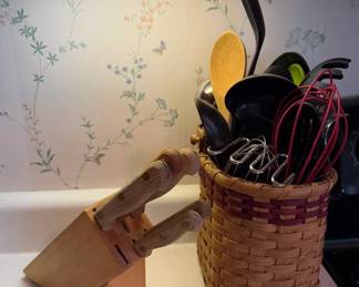 Kitchen Utensil Assortment with Woven Holder & Wood Knife Block Set – Howard City Off-Site