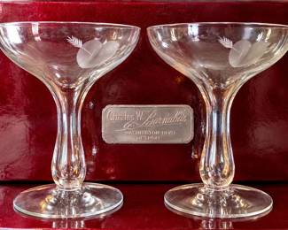 Etched Heart & Arrow Champagne Coupe Glasses Orig. Detroit Jewelers Box - Potterville