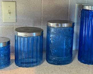 Set of 4 Cobalt Blue Glass Kitchen Canisters with Metal Lids – Lake Odessa Off-Site