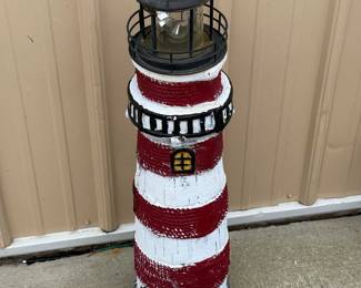 Solar Lighthouse Garden Statue, Red & White Rope Texture