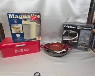 New in Box Calphalon Contemporary Cookware, New in Box Magnalite Stockpot, Metal Bread Box and More!