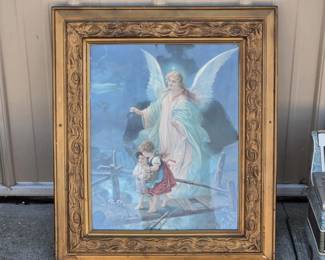 Vintage "Guardian Angel on the Perilous Bridge" Print in Ornate Gold Frame 23" x 27"