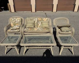 6 Pcs. of Vintage Wicker Furniture w/ Glass Tabletops and Cushions