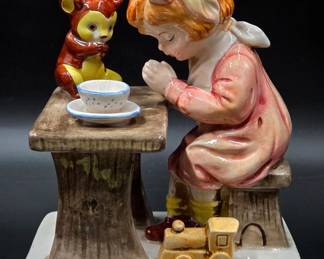 Beautiful Hand Painted Figurine of Girl Praying @ Dining table w/ Teddy Bear