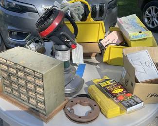 Assorted Workshop Tools, Hardware Organizer, Hard Hats, and Portable Propane Heater Lot - Grand Rapids Off-Site