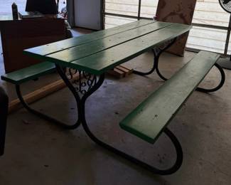 Green Wooden Picnic Table with Attached Benches & Decorative Black Metal Frame - Lake Odessa Off-Site