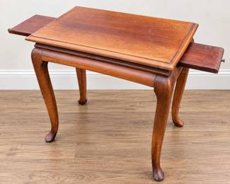 Vintage Mid Century Queen Anne Style Wood Tea Table with 2 Pull-Out Side Shelves & Cabriole Legs - Potterville