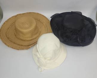 3 Women's Hats: Queenspark Black Organza Hat, Shade & Shore Straw Sun Hat, Cream Wool Cloche