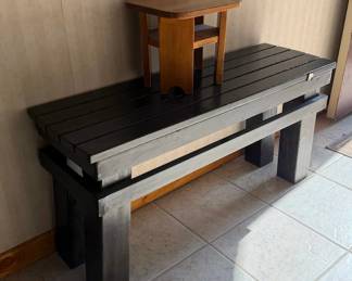 Rustic Wooden Slat Bench with Black and Gray Finish & Small Wooden Step Stool - Lake Odessa Off-Site