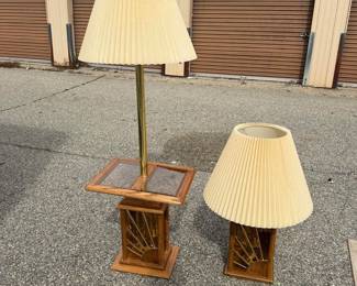 Oak & Brass Sunburst Lamp Set (2): Floor Lamp w/ Glass Table Tray & Table Lamp