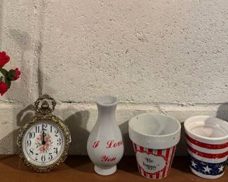 Assorted Decorative Collectibles - Westclox Clock, Rose Vase, Figurine & Planters - Lake Odessa Off-Site