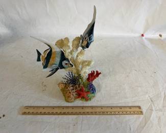 Vintage Hand Carved/Hand Painted Wooden Tropical Angelfish Sculpture Mounted on a Coral Base