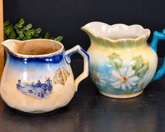 2 Antique Ceramic Pitchers La Francaise Porcelain Blue Windmill & Hand Painted Floral - Potterville