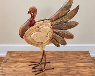 Autumn Turkey Sculpture with Body Made of Layered Wooden Rounds and a Rustic Fanned Metal Tail