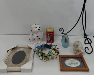 Decorative Lot - Tin, Vase, Seashells, Butterfly Decor, Toilet Brush Holder, Prints, Metal Easel