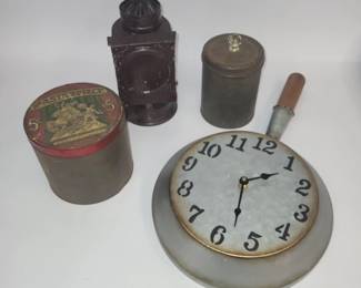 Vintage Tin Lot: Masterpiece 5 Cent Tobacco Tin, Canister, Tin Lantern & Pan Wall Clock