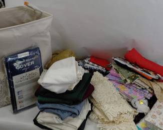 Basket of Cloth, Lace Doilies, Ironing Board Cover, Table Linens for Mostly 70" Round Table