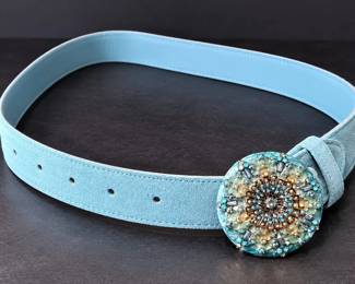 Vintage Aqua Blue Suede Belt w/ Large Ornate Rhinestone Beaded Medallion Buckle Boho Western – Potterville
