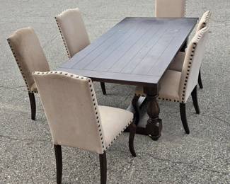 Farmhouse Trestle Dining Table with 6 Upholstered Nailhead Parsons Chairs