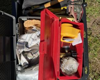 Assorted Hand Tools, Ratchet Straps, Cables & Hardware in Storage Tote - Howard City Off-Site