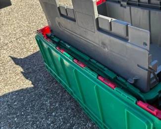Lot of 3 Attached-Lid Storage Totes - Red/Green Large, Green Medium, Grey Small