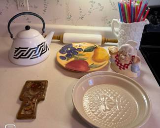 Assorted Kitchen Decor Lot -Ceramic Chef, Milk Glass Pitcher, Rolling Pin & More - Howard City Off-Site