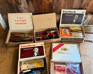 Assorted Cigar Boxes with Hand Tools, Electrical Testers & Hardware Lot – Howard City Off-Site