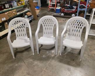 Set of 3 White Plastic Resin Lattice-Back Patio and Stacking Chairs