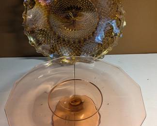 Vintage Depression Glass - Pink Cake Plate & Amber Carnival Glass Bowl