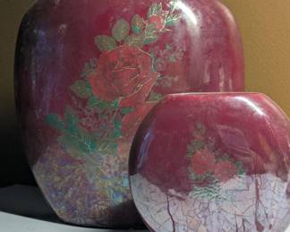 Vintage Red Vases - Rose Decals - Great Patina