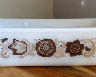 Vintage Glasbake White Milk Glass Loaf Pan w/Brown Floral Tulip Pattern