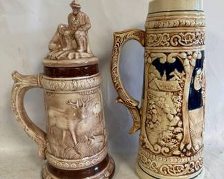 2 Vintage German Stoneware Decorative Beer Steins