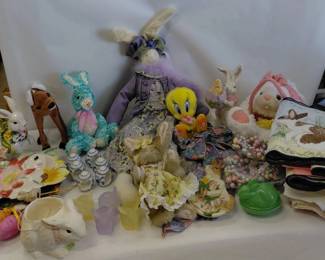 Large Easter Decor Lot - Planter, Votives, Stuffed Animals, Napkin Rings, Tray, Glass Bunny
