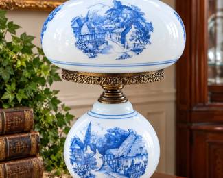 Oversized Unique Delft Style Blue & White Scenic Double Globe Hurricane Lamp with Glass Chimney - Potterville
