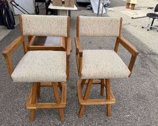 Pair of Oak Bar Stools with Arms, Oatmeal Tweed Upholstered Seat and Back, Footrest Base (2)