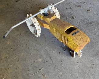 Nelson Traveling Lawn Sprinkler - Yellow Tractor-Style Cast Metal Sprinkler - Lake Odessa Off-Site
