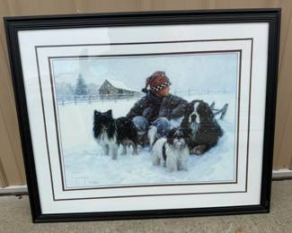Framed Winter Art Print - Child with Dogs in the Snow by T. Peppard (1996)