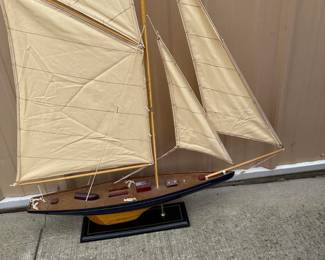 Wooden Model Sailboat Yacht, Gaff Rigged with Canvas Sails, Black Display Stand