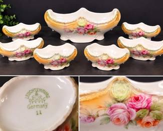 Antique Leuchtenburg Germany Porcelain Pink Rose Floral Berry Bowl Set Master & 6 Individual Bowls - Potterville