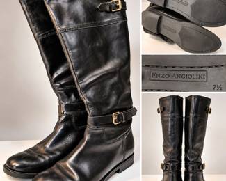 Enzo Angiolini Black Leather Knee High Riding Boots Size 7.5 Double Buckle Gold Hardware - Potterville