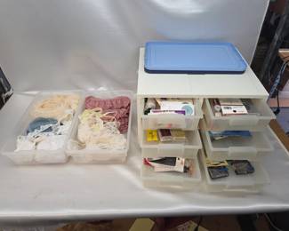 Small Vintage Plastic 6 Drawer Organizer w/ 2 Rubbermaid Bins full of Sewing/Craft Materials