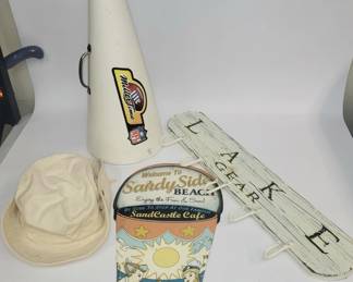 Lake Fun Lot: LAKE Gear Coat Rack, Sandy Side Beach Sign, Bucket Hats & Megaphone