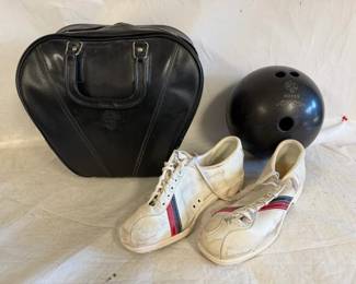 Vintage Bowling Ball Unknown Weight, w/ Bowling Shoes in Bag