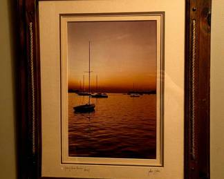 Framed 22x26 Nautical Sunset Photography w/ Silhouetted Sailboats by John Galbo