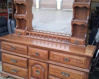 Vintage Solid Oak Double Dresser w/ Hutch Mirror