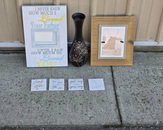 Home Decor Lot - "I Never Knew How Much I Loved Your Father" Sign, Vase, Rustic Frame, Coasters