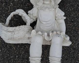 Plaster Girl w/ Basket Sitting on Garden Bench - Garden Statue